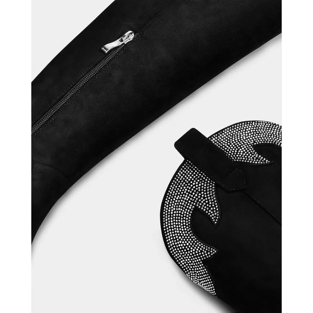 Women Black Suede Polyurethane (PU)Black Thigh High Pointed Toe Chunky Heel Boot